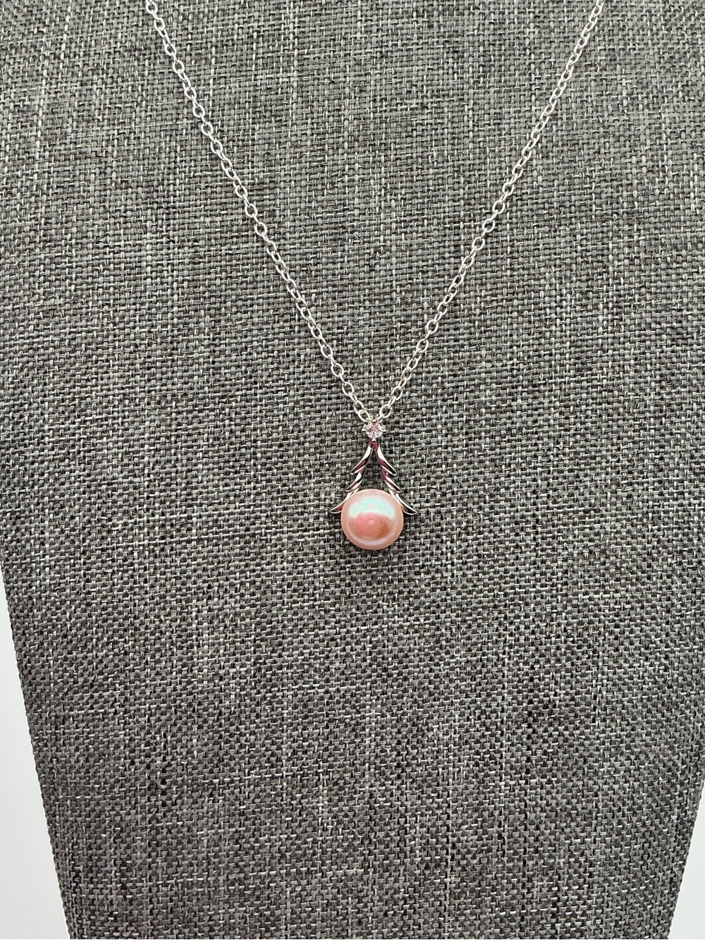 Silver Tone Necklace with Pink Pearl Christmas Tree Pendant